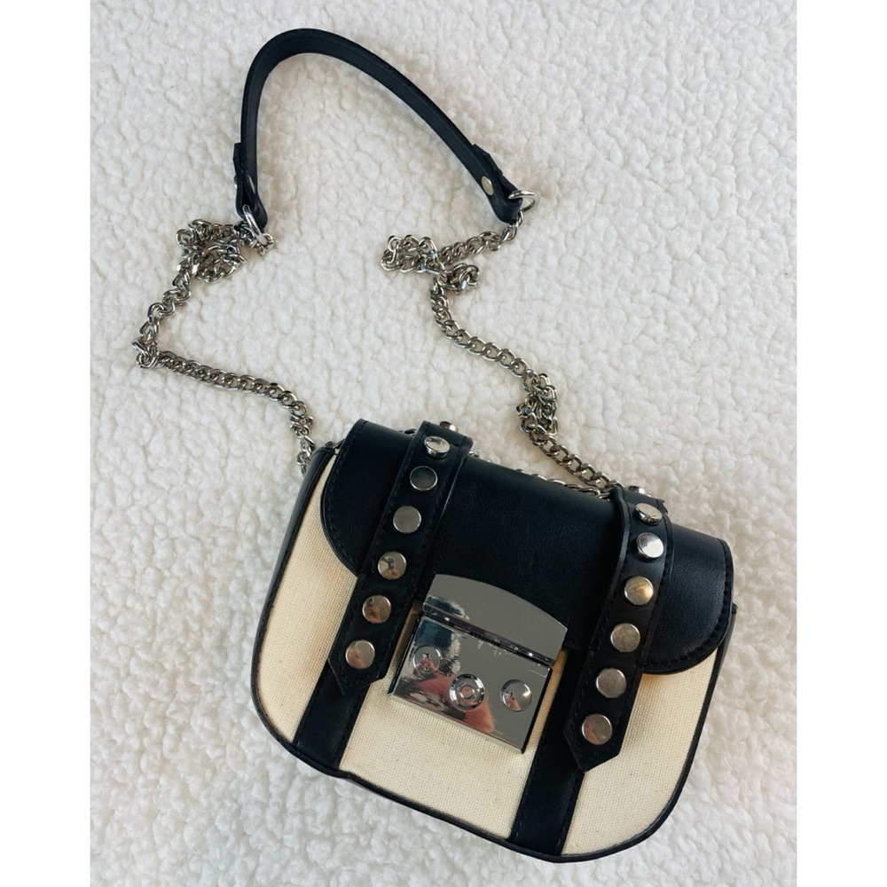 ZARA • Black/Cream Faux Leather and Canvas Studded Mini Chainlink Crossbody Bag - Picture 15 of 16